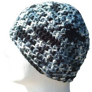 Men's Beanie Hat Handmade Smokey Water Black Gray Crochet Hiking Fishing OS
